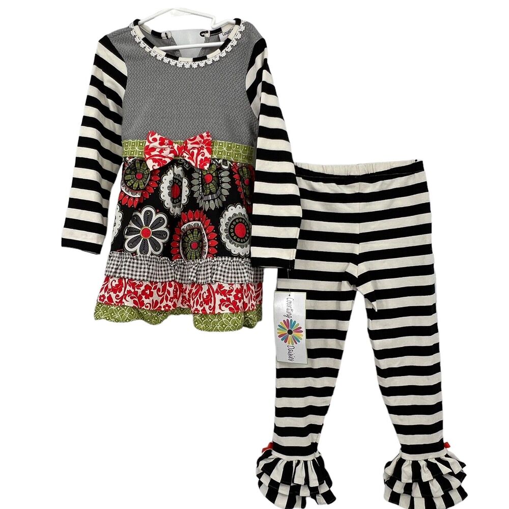 New Counting Daisies Girl Long‎ Sleeve Floral Dress & Striped Legging Set Sz 6